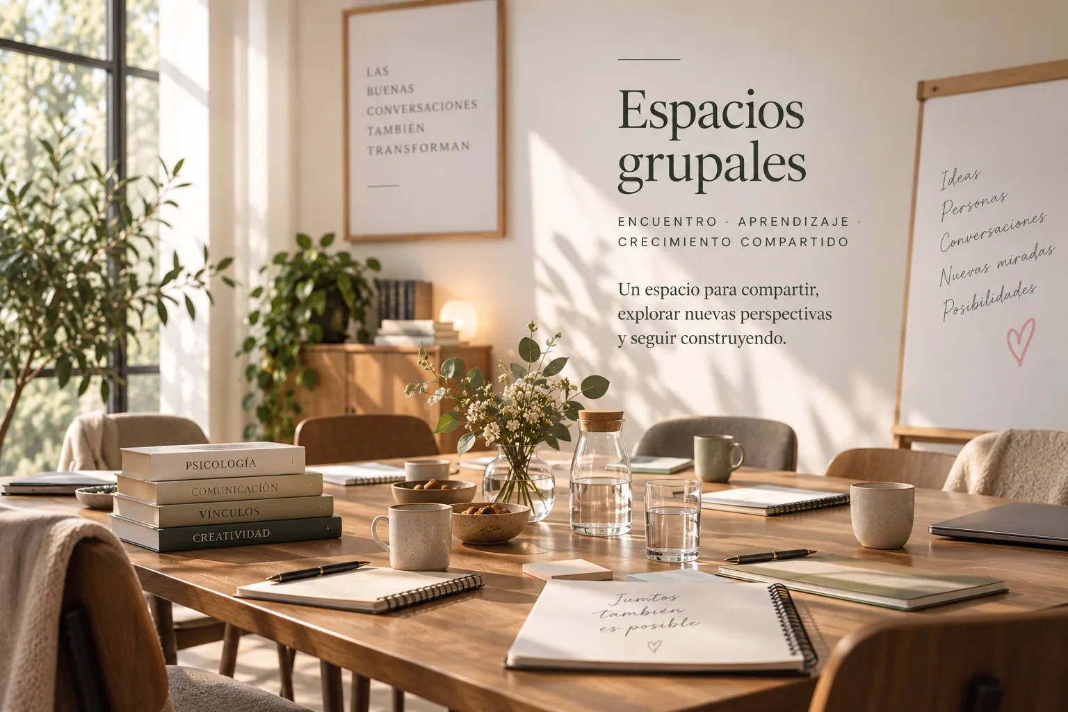 Mesa preparada para un espacio grupal de encuentro y aprendizaje.