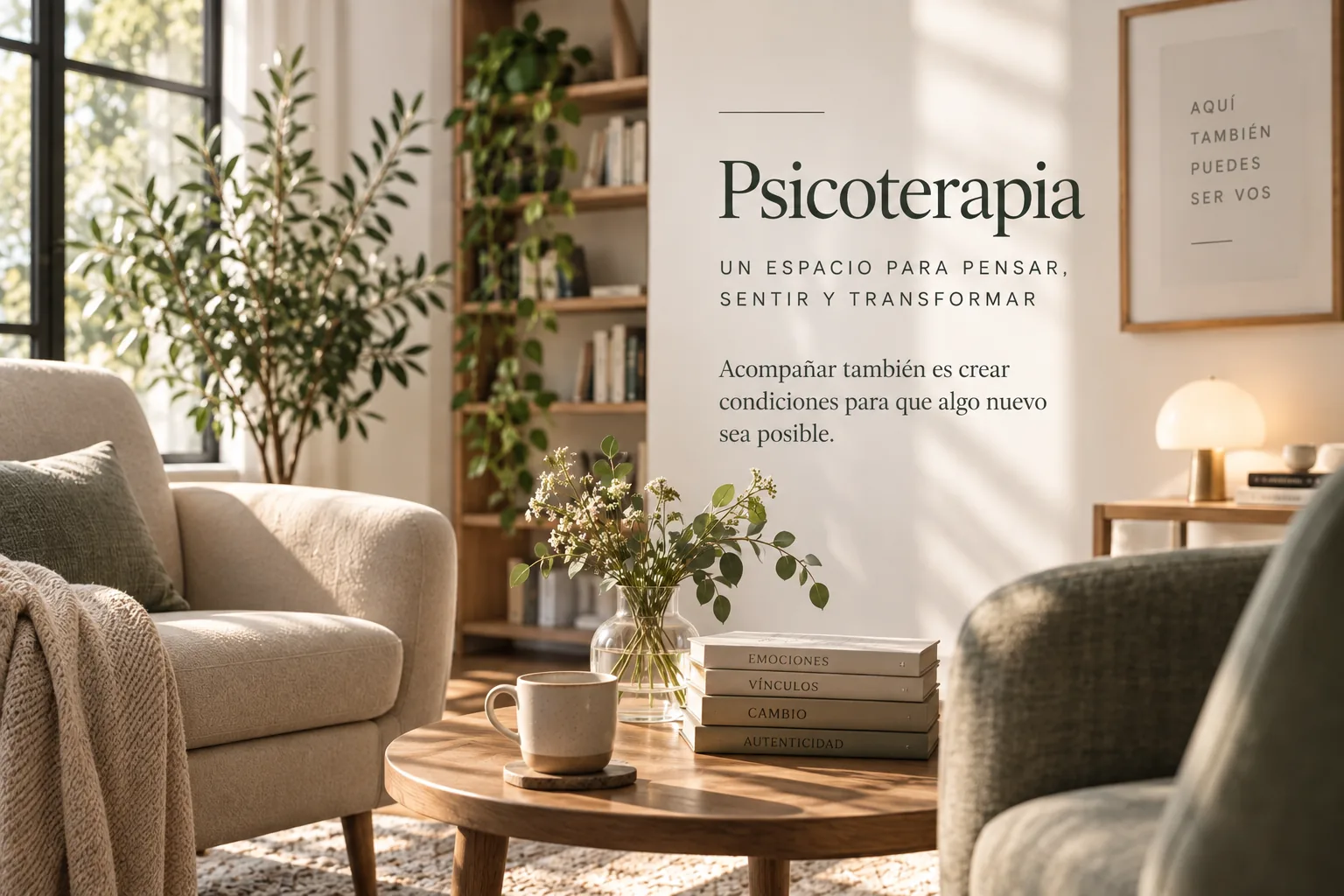 Consultorio cálido y luminoso, imagen editorial de Psicoterapia.